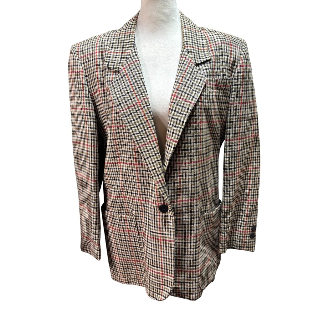 Rafaella Vintage Plaid Blazer Wool Blend Tan Red Black Size 8 #1018